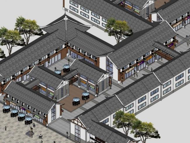 Sketchup商业模型|多层商业街，现代中式风格