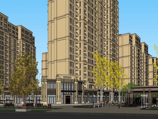 Sketchup住宅模型|高层住宅底层商业，居住建筑，古典风格