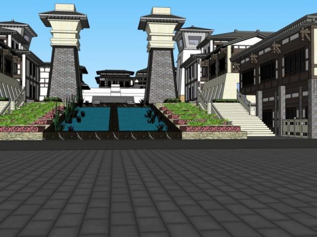 Sketchup商业模型|多层古镇，中式风格