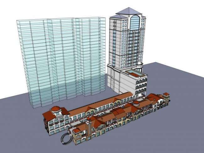 Sketchup酒店模型|高层酒店及商业街，西班牙风格