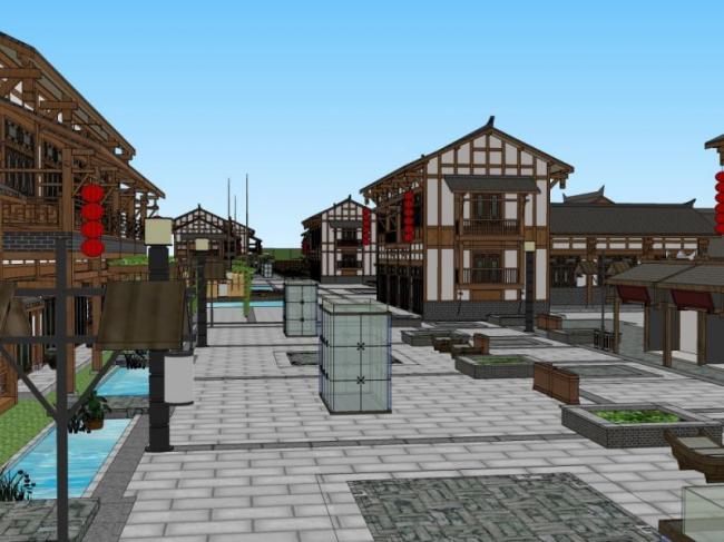 Sketchup商业模型|多层商业街，中式风格