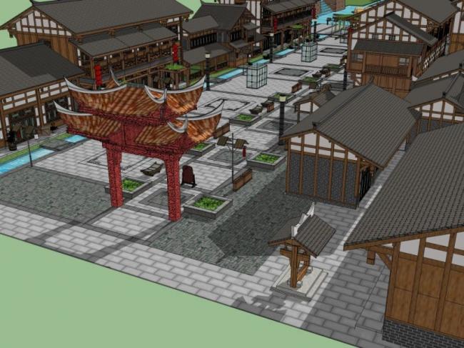 Sketchup商业模型|多层商业街，中式风格