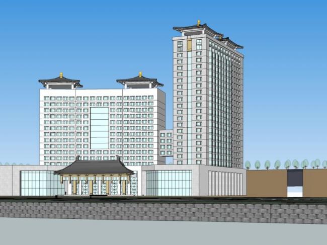 Sketchup酒店模型|高层旅馆，现代中式风格