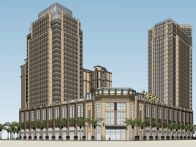 Sketchup住宅模型|多高层商住小区，底层商业，居住建筑，古典风格