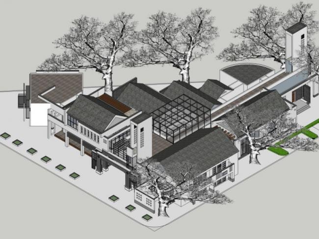 Sketchup办公模型|旅游服务中心，现代中式风格