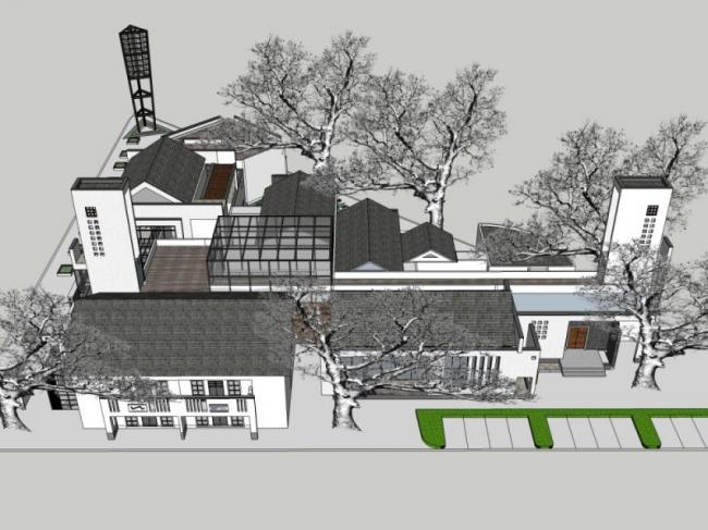 Sketchup办公模型|旅游服务中心，现代中式风格