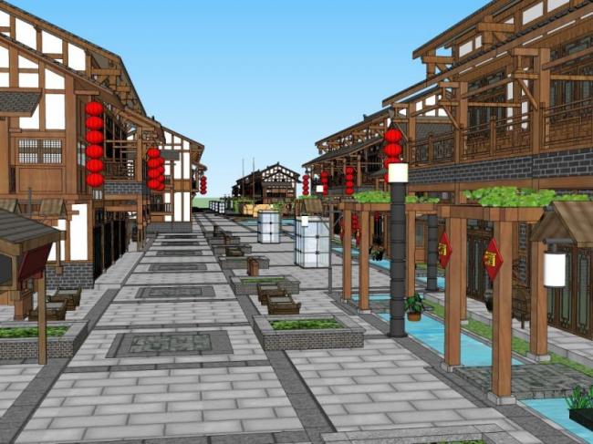 Sketchup商业模型|多层商业步行街，中式风格
