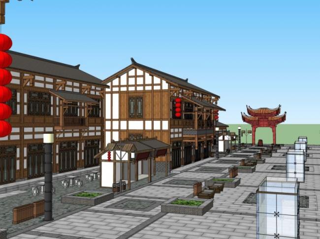 Sketchup商业模型|多层商业步行街，中式风格