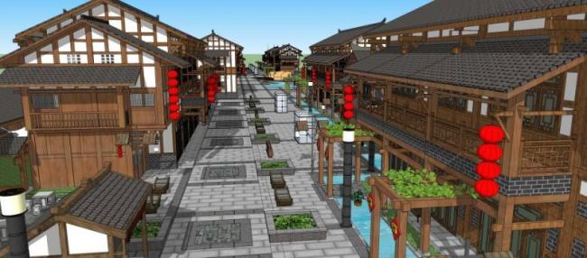 Sketchup商业模型|多层商业步行街，中式风格