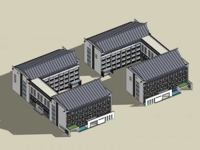 Sketchup文化模型|多层老干部活动中心，文化建筑，中式风格