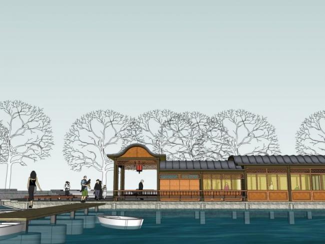 Sketchup景观模型|滨水景观，茶馆，东方新古典风格，中式风格