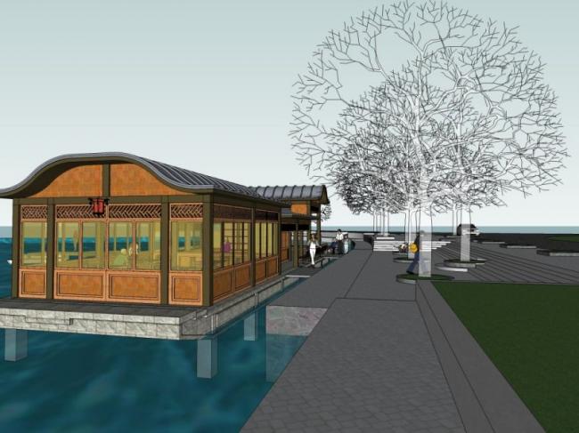 Sketchup景观模型|滨水景观，茶馆，东方新古典风格，中式风格