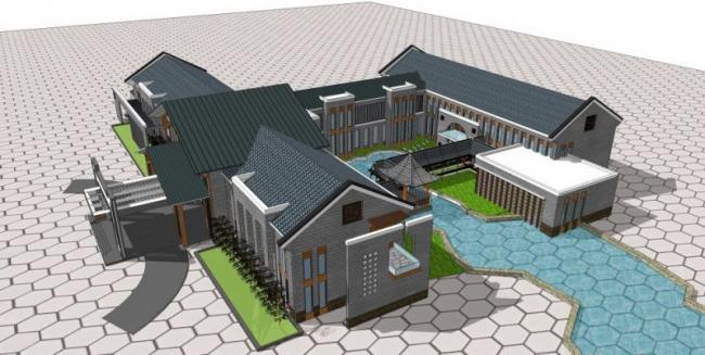 Sketchup酒店模型|低层宾馆建筑，现代中式风格