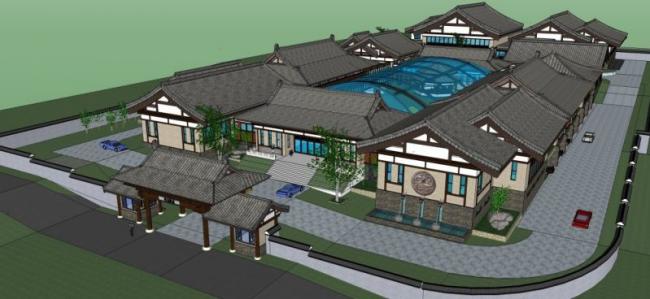 Sketchup办公模型|低层办公楼群，中式风格
