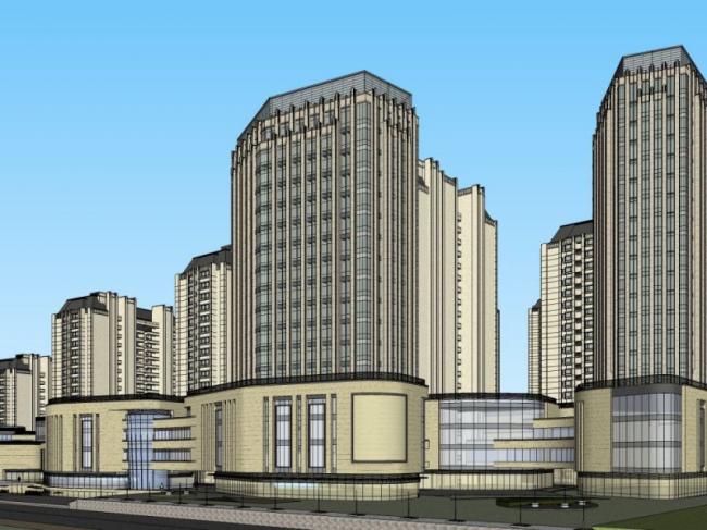 Sketchup住宅模型|多高层商住小区住宅，底层商业，居住建筑，古典风格