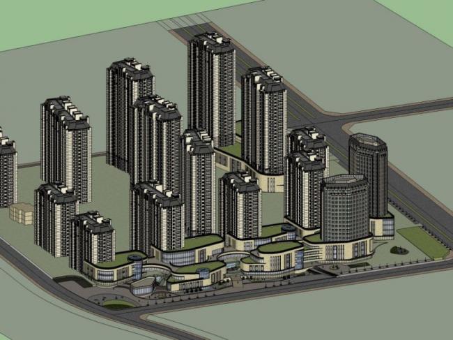 Sketchup住宅模型|多高层商住小区住宅，底层商业，居住建筑，古典风格
