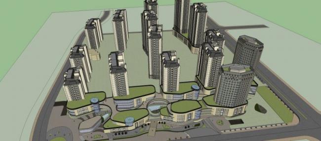 Sketchup住宅模型|多高层商住小区住宅，底层商业，居住建筑，古典风格