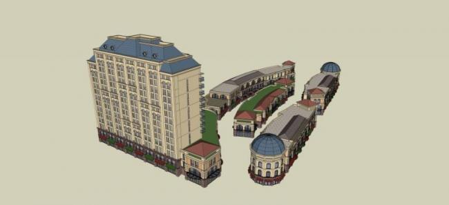 Sketchup综合体模型|多高层商住综合体，住宅，底层商业，古典风格
