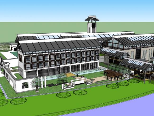 Sketchup文化模型|多层展览馆，文化建筑，中式风格