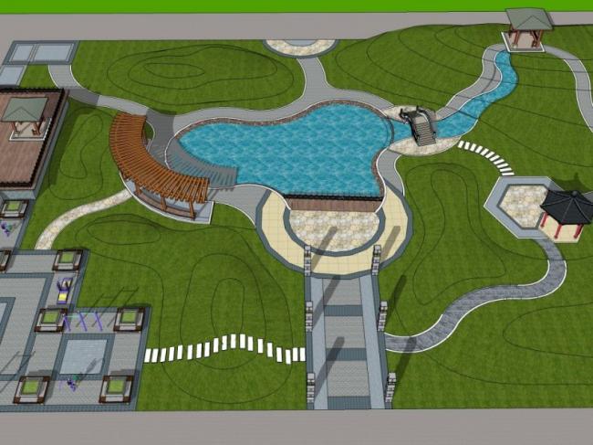 Sketchup景观模型|游园景观，公园景观，中式风格