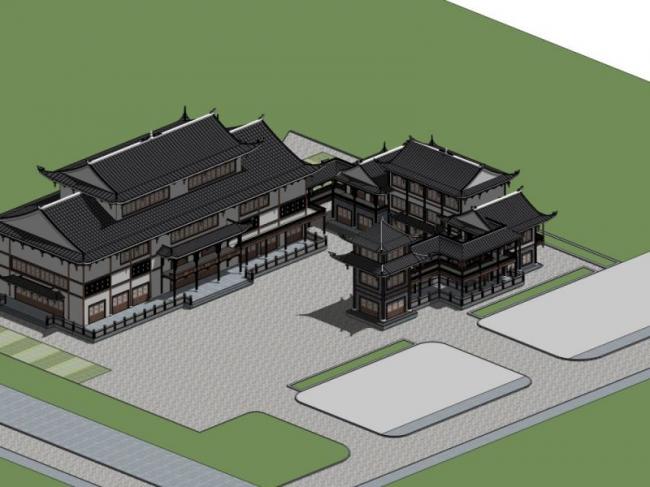 Sketchup古建筑模型|多层剧院建筑，中式风格，古建