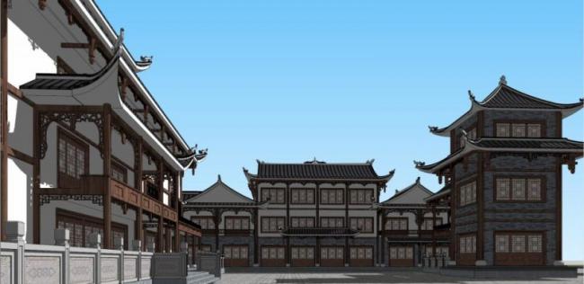 Sketchup古建筑模型|多层剧院建筑，中式风格，古建