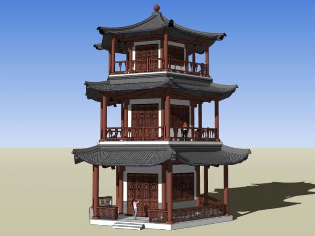 Sketchup古建筑模型|多层阁楼，六角阁楼，古建筑，中式风格