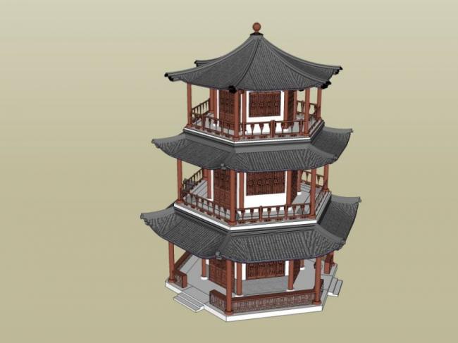 Sketchup古建筑模型|多层阁楼，六角阁楼，古建筑，中式风格