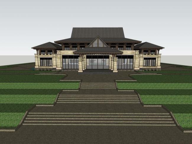 Sketchup酒店模型|温泉酒店，现代中式风格