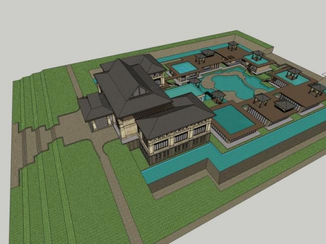 Sketchup酒店模型|温泉酒店，现代中式风格