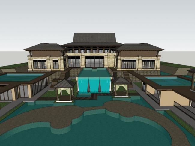 Sketchup酒店模型|温泉酒店，现代中式风格