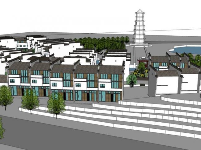 Sketchup住宅模型|徽派联排住宅，现代中式风格