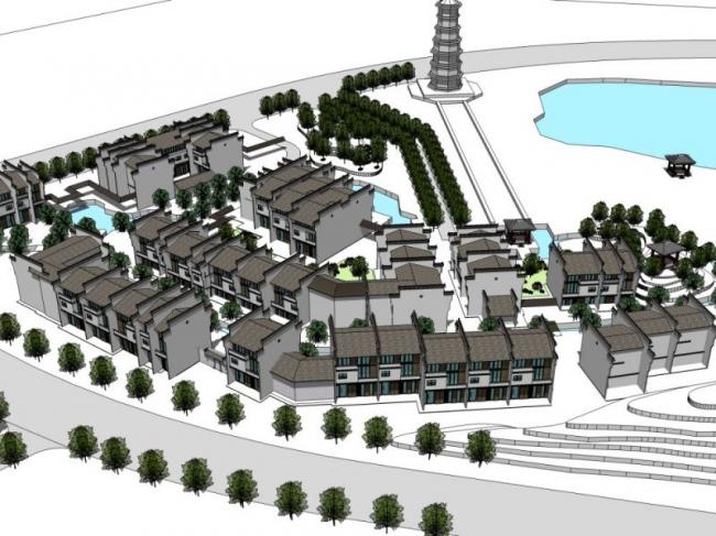 Sketchup住宅模型|徽派联排住宅，现代中式风格