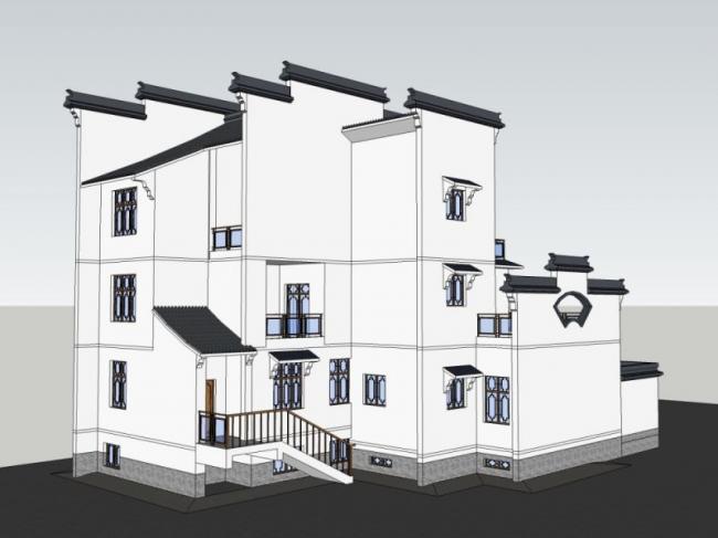 Sketchup住宅模型|多层徽派民居，现代中式风格
