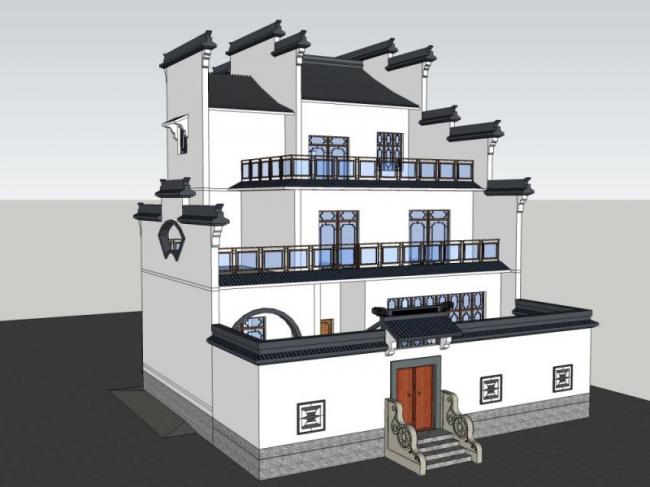 Sketchup住宅模型|多层徽派民居，现代中式风格