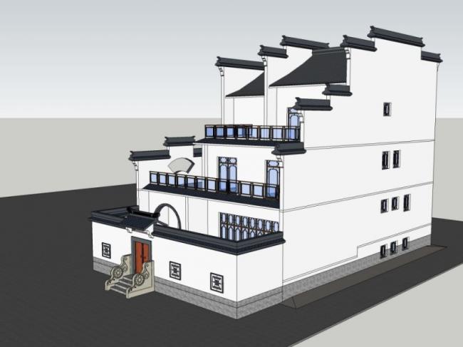 Sketchup住宅模型|多层徽派民居，现代中式风格