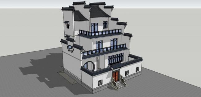 Sketchup住宅模型|多层徽派民居，现代中式风格
