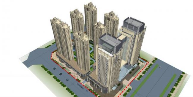 Sketchup综合体模型|超高层商业综合体，住宅，办公，古典风格