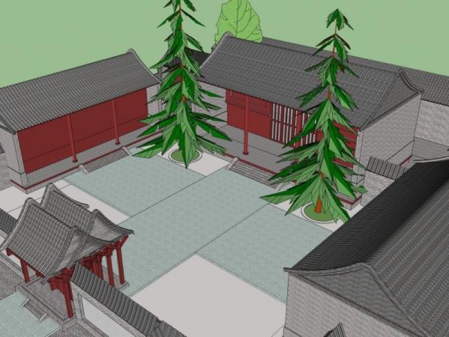 Sketchup住宅模型|多层宅院住宅，居住建筑，中式风格