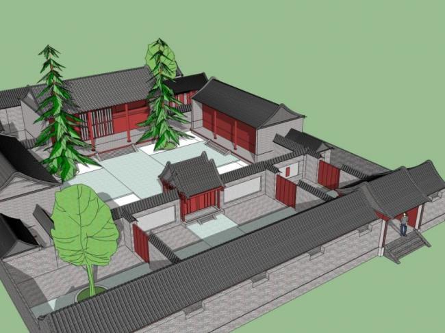 Sketchup住宅模型|多层宅院住宅，居住建筑，中式风格