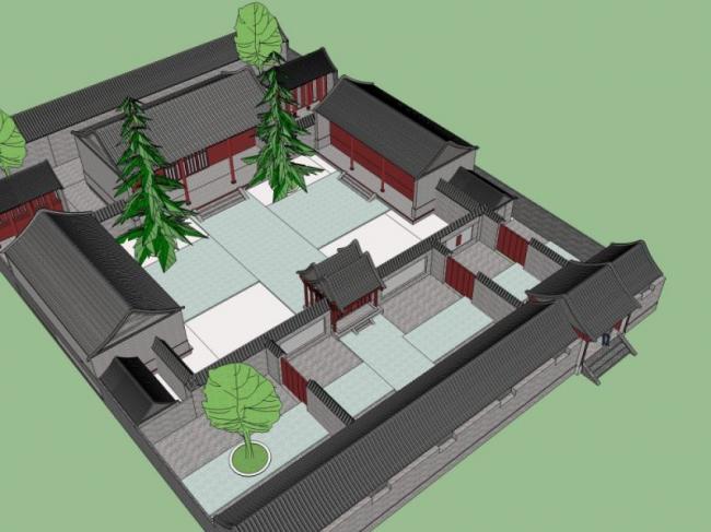 Sketchup住宅模型|多层宅院住宅，居住建筑，中式风格