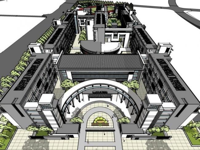 Sketchup学校模型|多层中学学校，校园教育建筑，现代中式风格