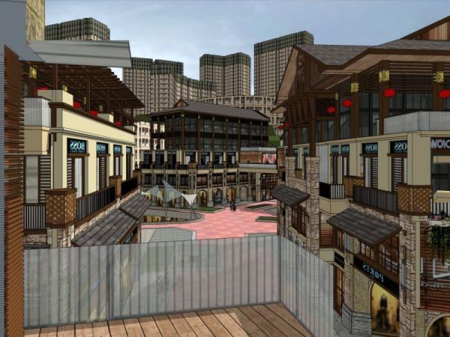 Sketchup商业模型|多层商业街，东南亚风格