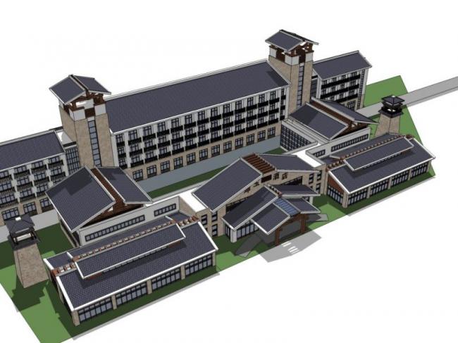 Sketchup酒店模型|多层酒店，新中式风格