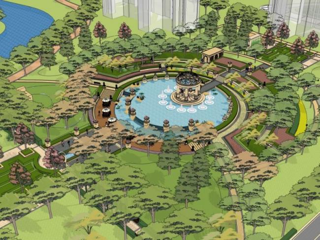 Sketchup景观模型|居住区景观，古典风格