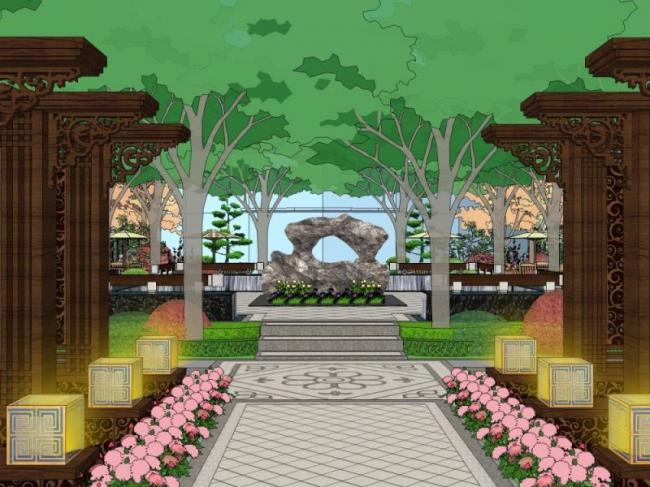 Sketchup景观模型|商业景观，中式风格