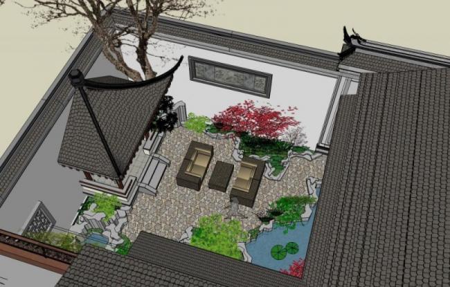 Sketchup景观模型|庭院景观，中式风格