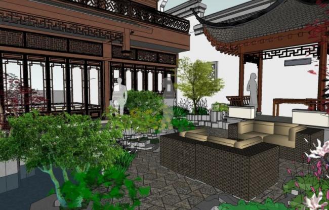 Sketchup景观模型|庭院景观，中式风格