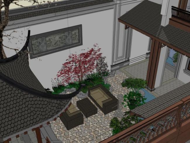 Sketchup景观模型|庭院景观，中式风格