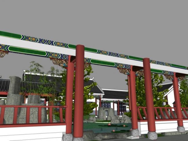 Sketchup景观模型|庭院景观，中式风格